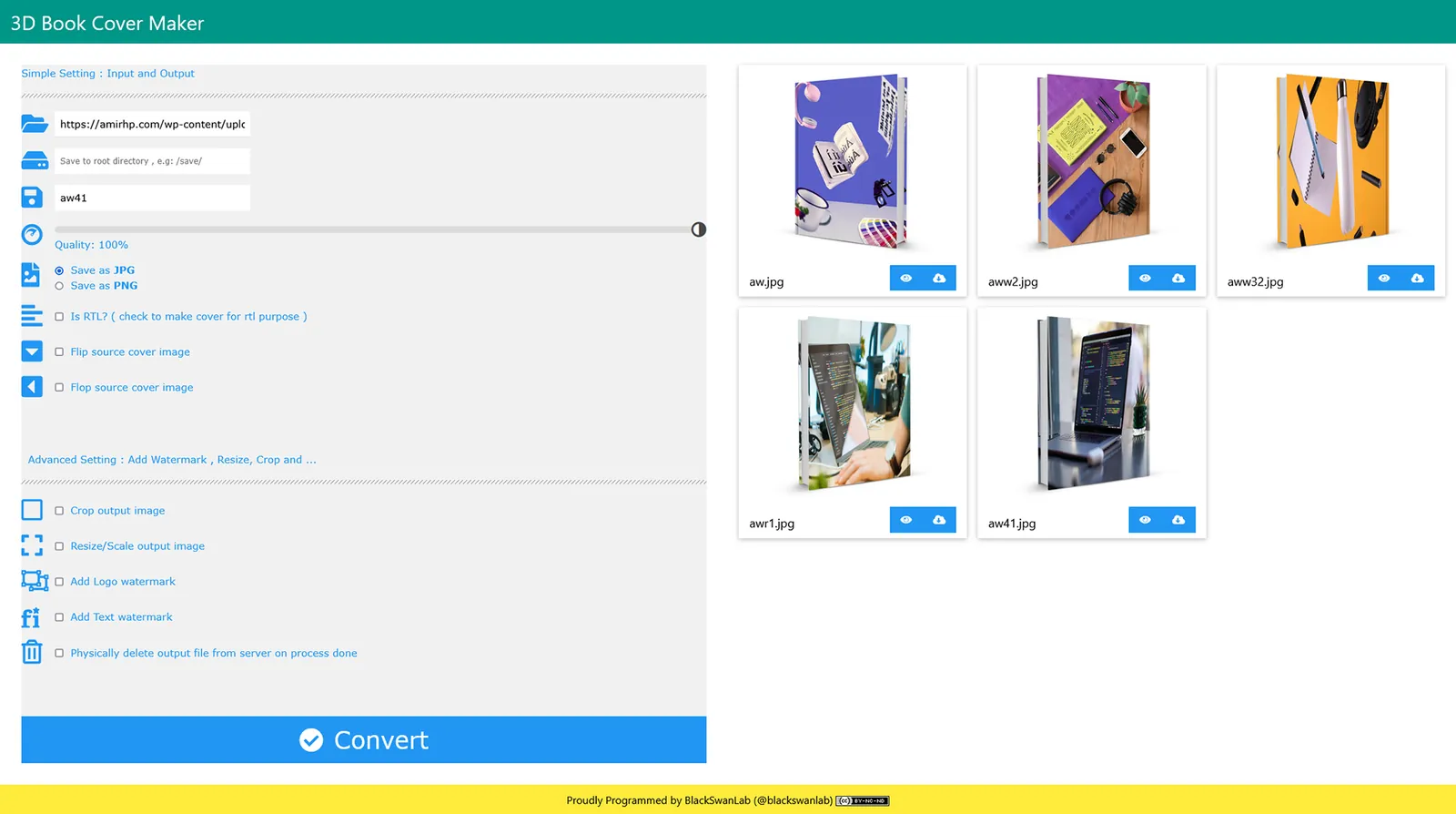 The 3D Book Cover Maker screen: input and output settings on the left (source URL, file name, quality, JPG or PNG, right-to-left, flip and flop, crop, resize, logo and text watermarks) and five rendered 3D book covers on the right, each with preview and download buttons.
