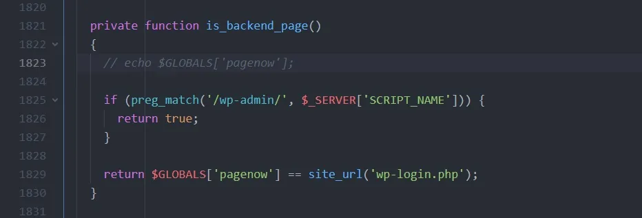 The is_backend_page function in ip2location-country-blocker.php, with line 1823, echo $GLOBALS['pagenow'], commented out.