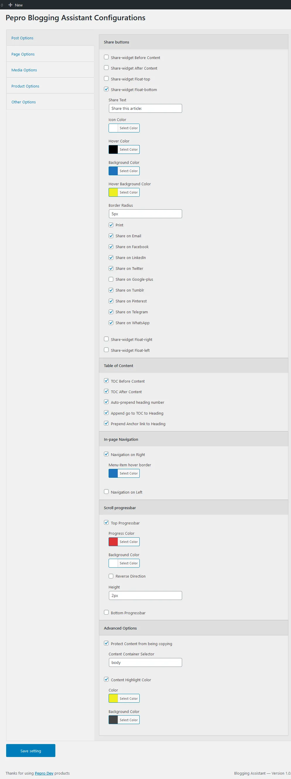 The Pepro Blogging Assistant settings page in WordPress, with tabs for post, page, media and product options, and sections for share buttons and their colours and networks, table of contents, in-page navigation, scroll progress bar, copy protection and highlight colours.