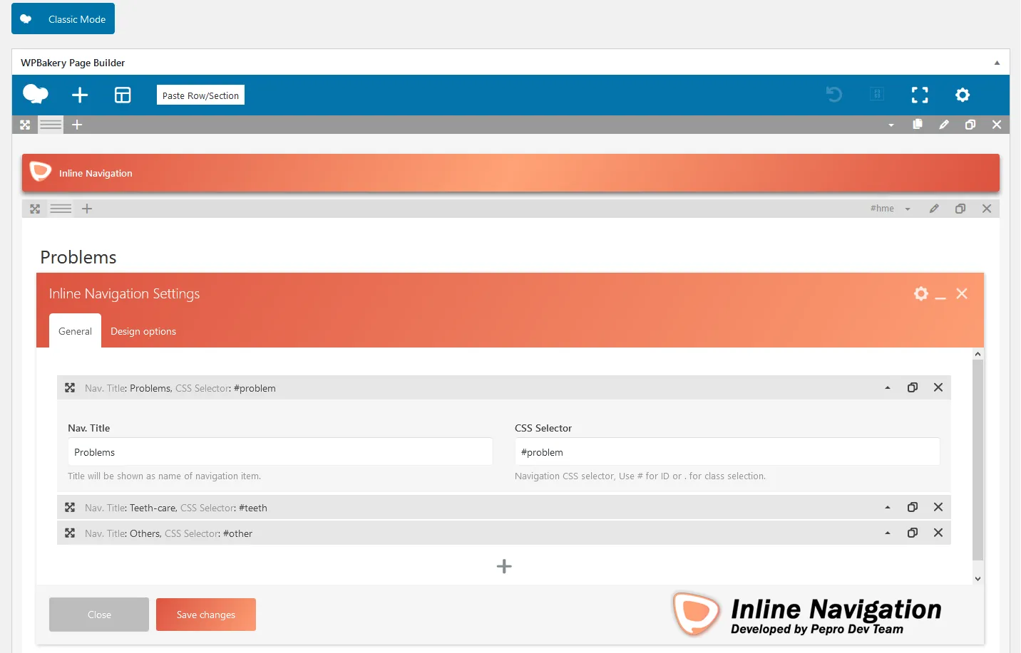 The Inline Navigation settings inside WPBakery Page Builder: three navigation items, Problems, Teeth-care and Others, each a title and a CSS selector such as #problem, with General and Design options tabs.