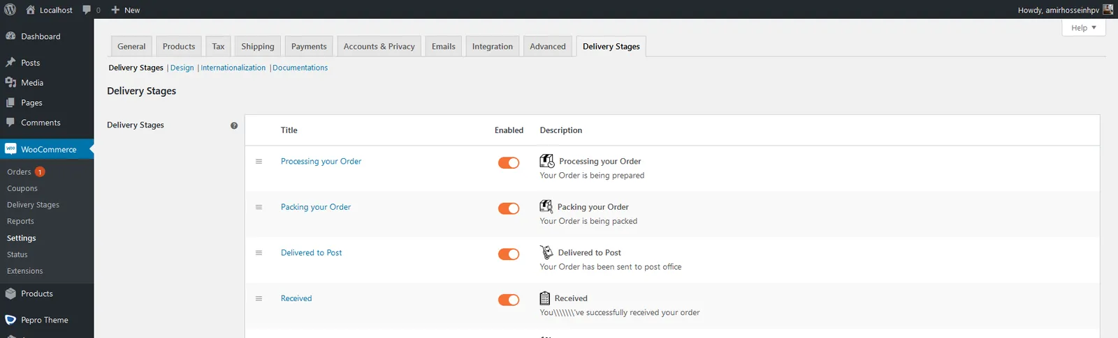 The Delivery Stages tab in WooCommerce settings: stages named Processing your Order, Packing your Order, Delivered to Post and Received, each with an on switch, an icon and a description.
